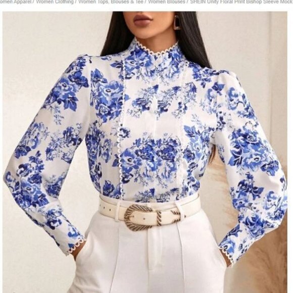 SHEIN Unity Floral Print Bishop Sleeve Mock Neck Shirt womens size medium - Picture 3 of 4